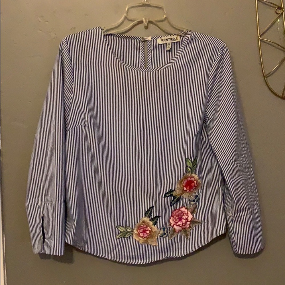 Navy striped floral embroidered blouse